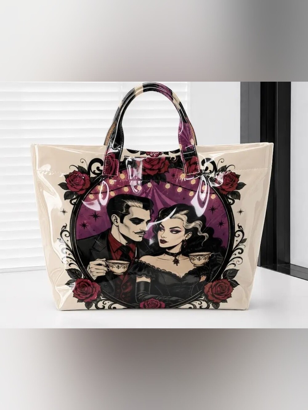Gothic Romance Graphic Tote - Cream, Black & Purple - Picture 3 of 4